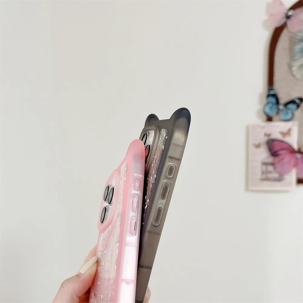 Three-dimensional cat ears epoxy glitter TPU phone case for Apple iPhone in pink with glitter accents