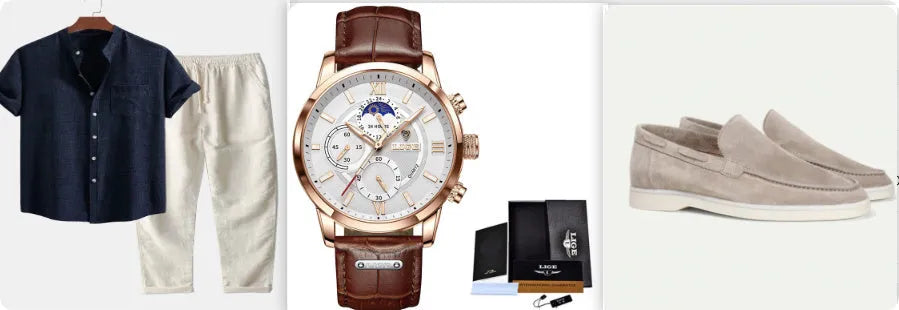 Men's slim-fit short-sleeved shirt with stand collar and digital print, shown with matching pants, shoes, and watch.