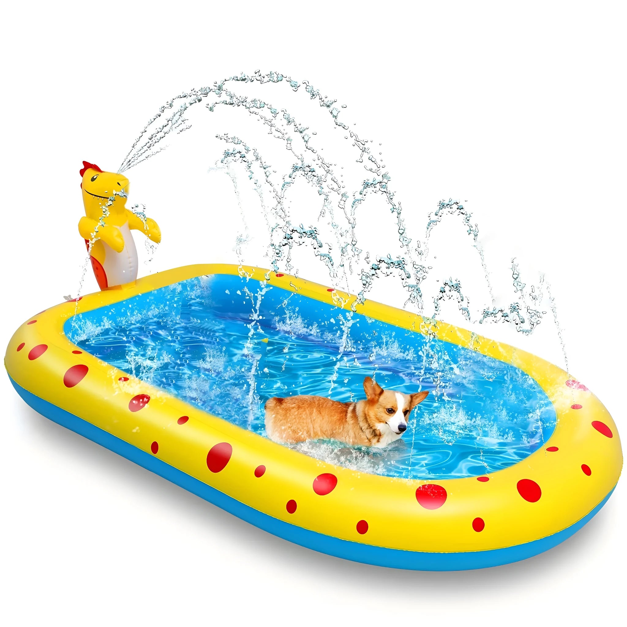 Blue inflatable dinosaur water spray pool with four water spray zones for children's outdoor play
