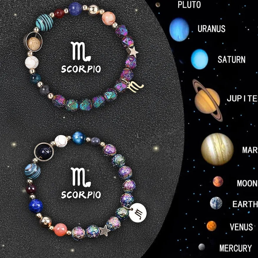Natural stone beaded bracelet showing an adjustable strap with a zodiac charm, available in twelve astrological sign styles.