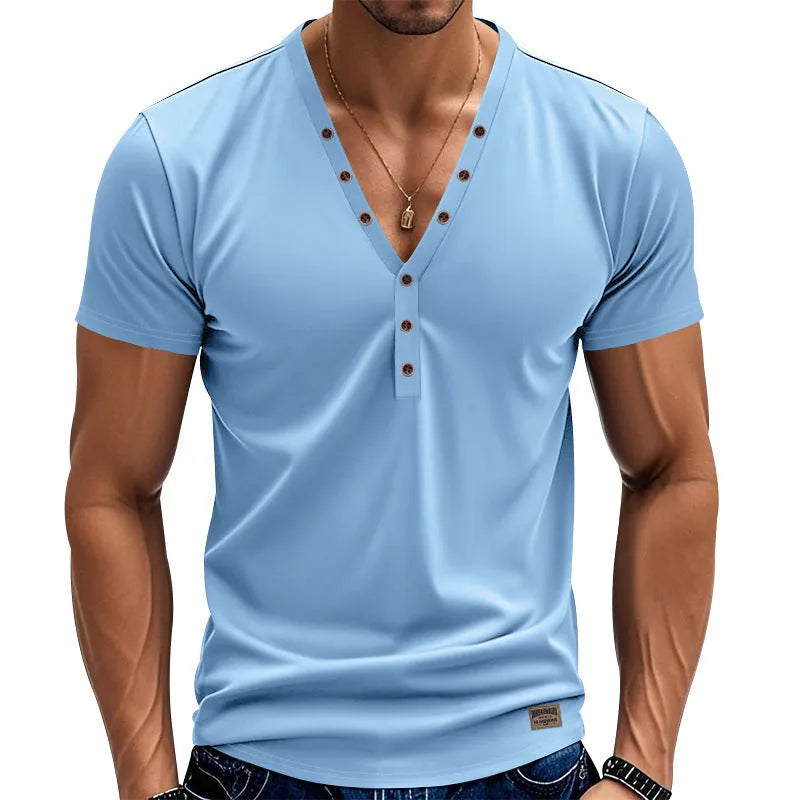 Men's loose fit solid colour v-neck pullover top on a hanger