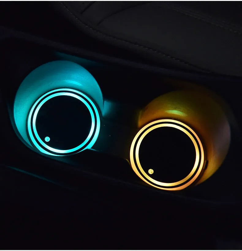 LED cup coaster with 7 colours USB rechargeable for car cup holder, 68mm acrylic