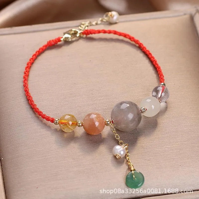 Hand-woven crystal peace buckle bracelet with sequins in blue, green, or red colour options