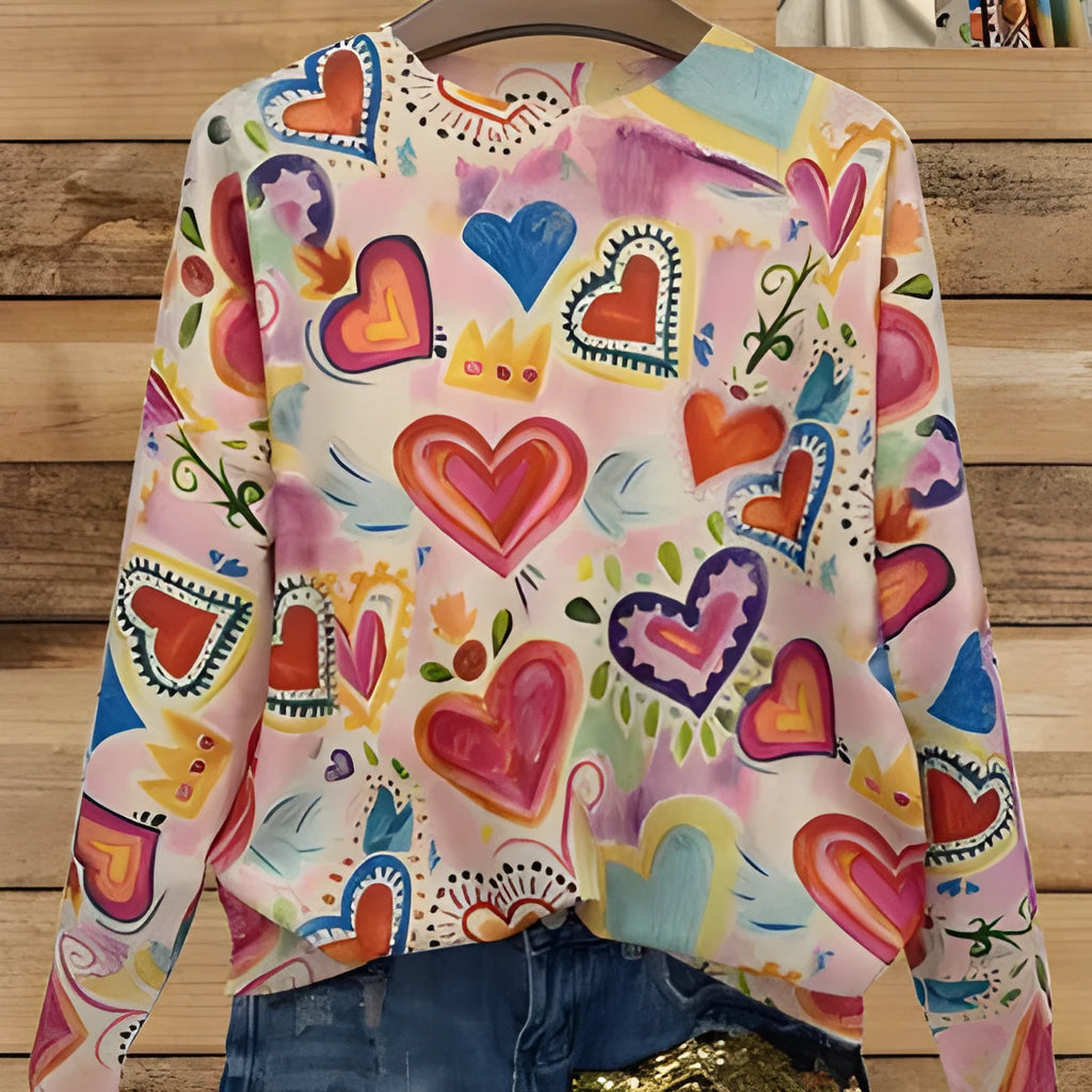 Loose digital printed top with lapel collar in polyester fabric