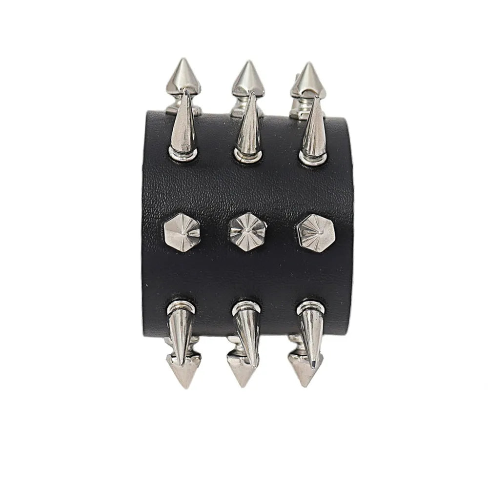 Punk style black PU leather bracelet with rivets, geometric tapered shape, 22.5cm length