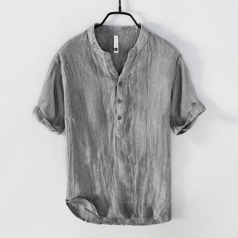 Retro linen pullover top in solid colour with short sleeves on mannequin