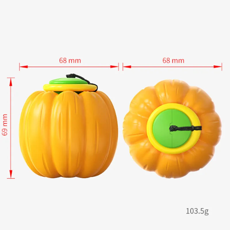 Halloween pumpkin dog chew ball with squeaker in green, orange and yellow colours for small dogs