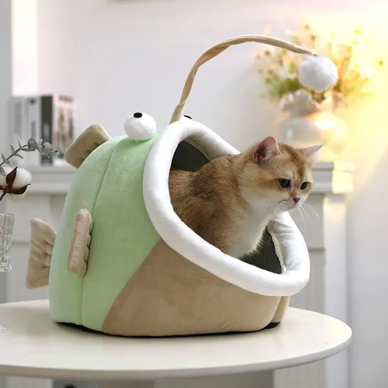 Grey semi-closed deerskin velvet cat bed with lantern fish design, shown in medium size.