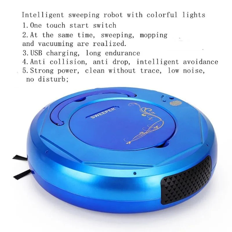 Lazy Smart Vacuum Cleaner in black on a tile floor with charging dock, brush and rag visible