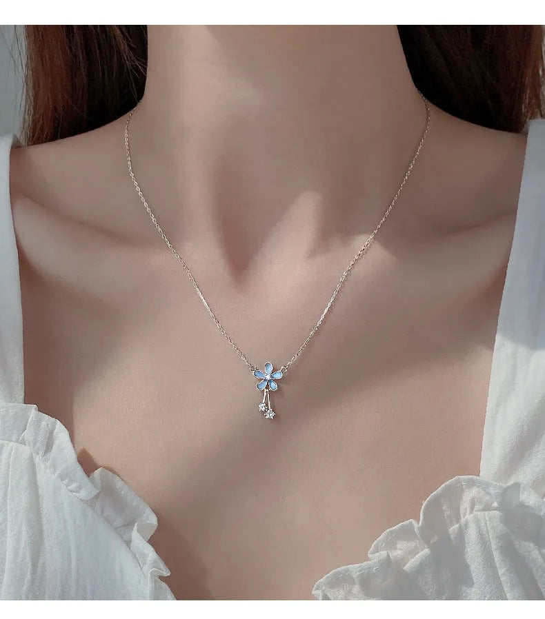 S999 pure silver flower pendant necklace with white nano anti-oxidation finish on cross chain