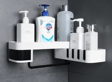 White and grey retro style bathroom corner shelf with suction wall mounting