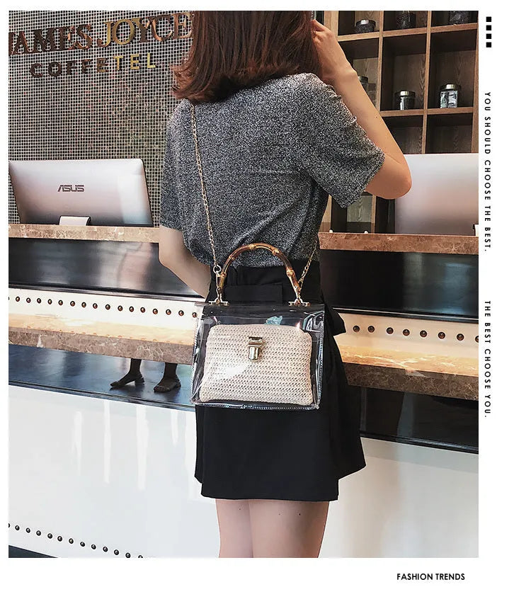 Women's bamboo knot woven handbag in khaki with chain detail, PVC body, and hasp closure