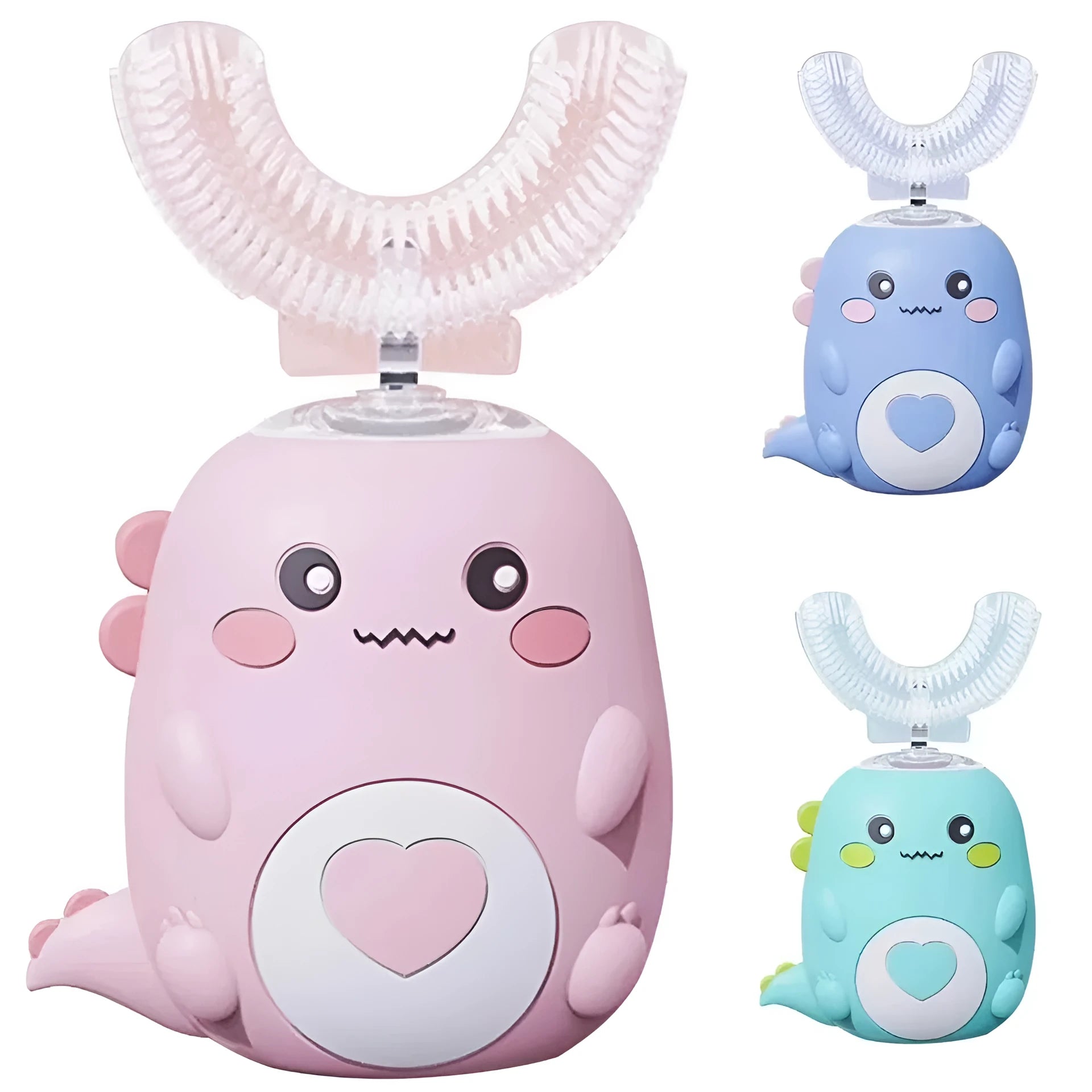 Children's electric toothbrush with food grade silicone U-shaped head, 360 degree automatic cleaning, USB charging, available in Little Dinosaur Pink, Blue, Green
