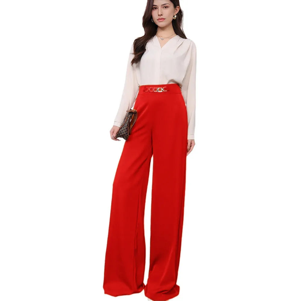 Solid colour draped wide leg pants for women, straight-leg polyester trousers with elastic waist, eight colour options