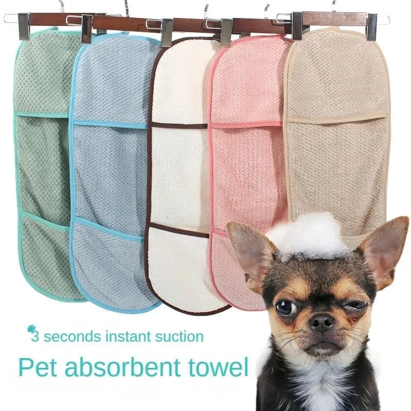 Pet super absorbent towel with pocket scrub gloves in beige, 60x25cm, for cats and dogs