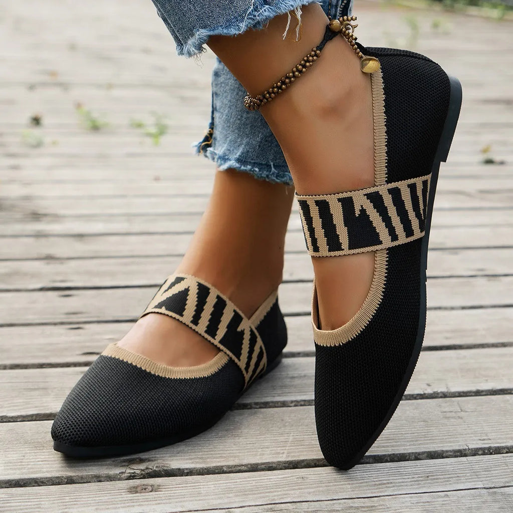 Women's striped pointed toe flat loafers with mesh upper in beige – side view