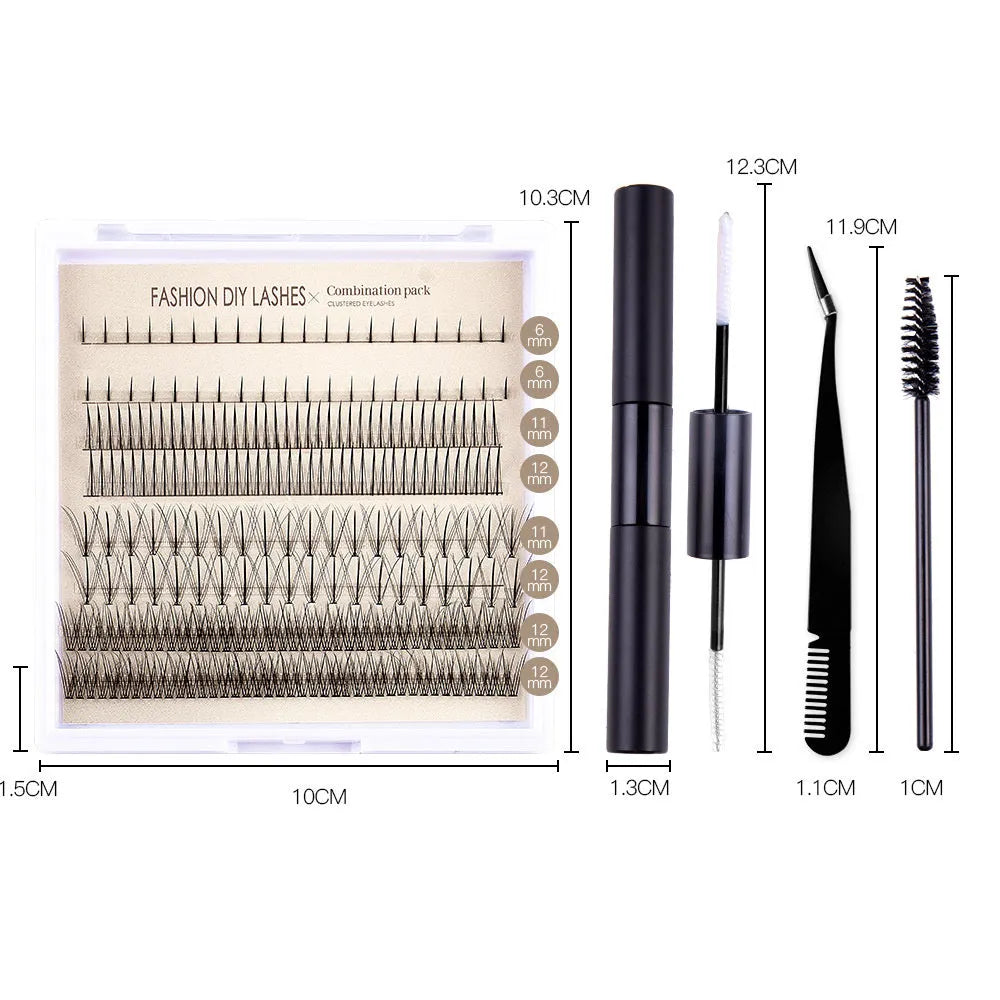 False eyelash glue suit with artificial fiber lashes, glue, tweezers, and brush in coordinated tool set
