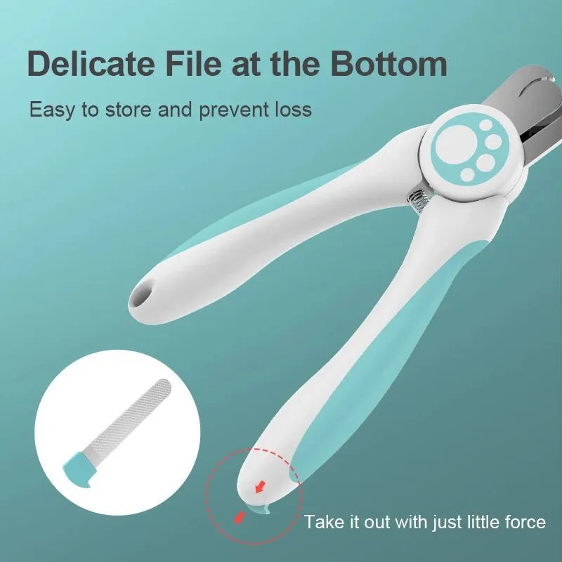 Blue and white pet nail clippers with safety guard for dogs and cats