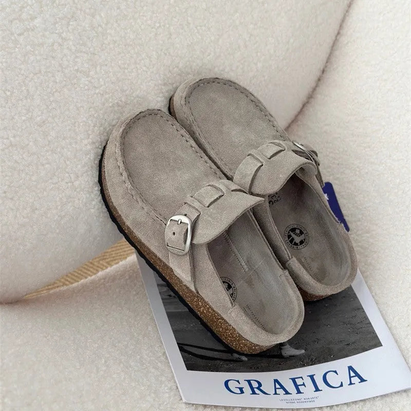 Unisex lazy mule slippers in antelope brown with cow suede upper and cork sole, side view
