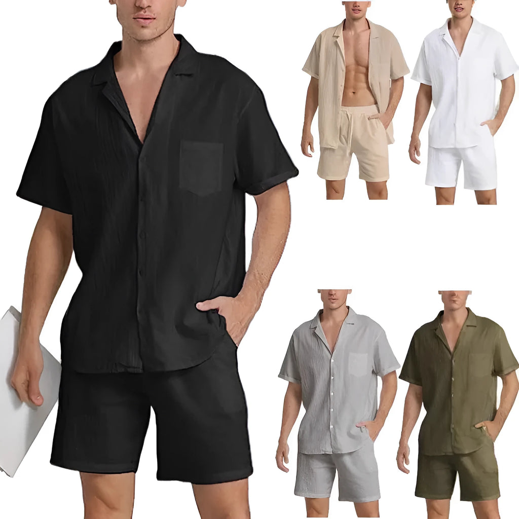 Men's flax fabric sports shorts suit with short-sleeved top and matching shorts