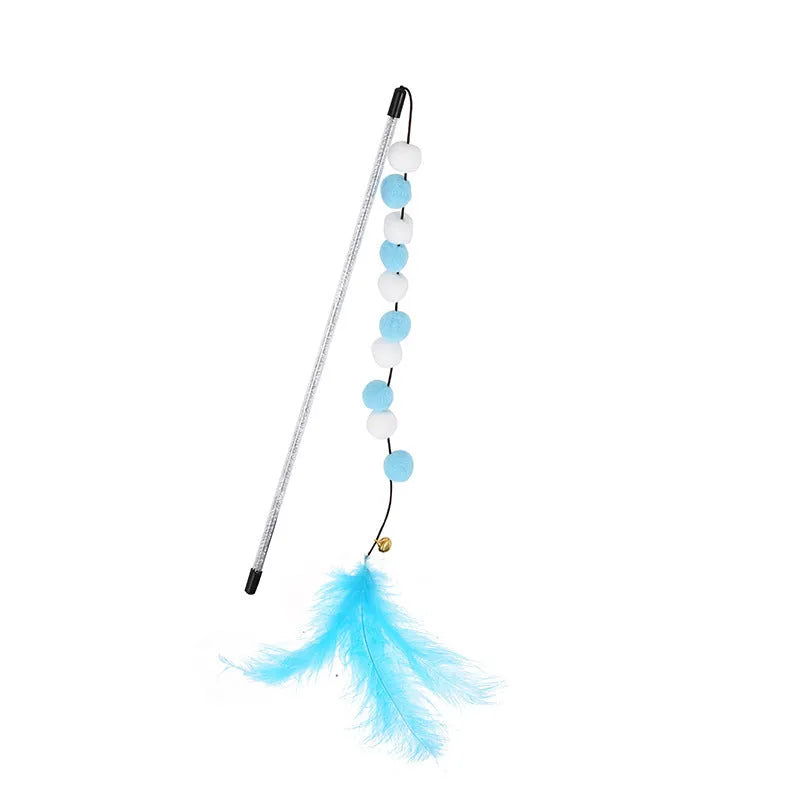 31cm acrylic cat teaser stick with contrast pompon feathers and bell in blue, grey, pink or yellow