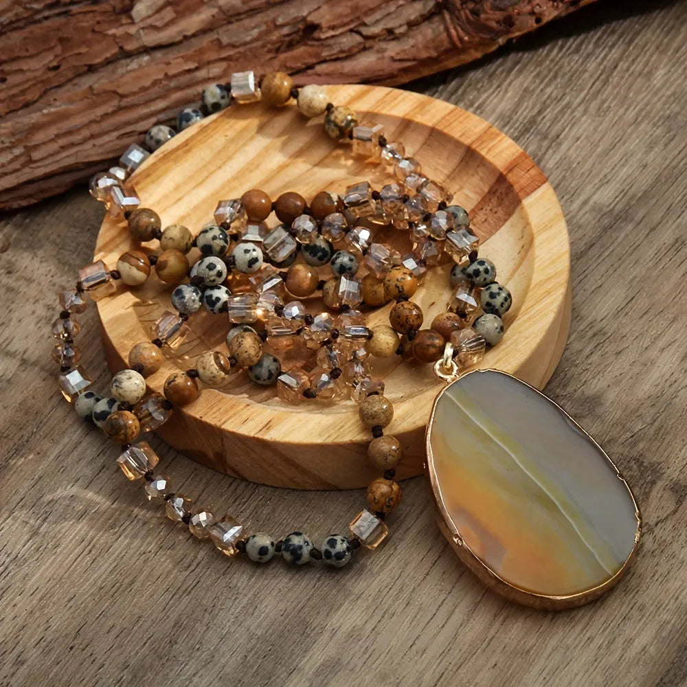 Bohemian natural stone agate water drop pendant necklace with glass beads, available in multiple colours