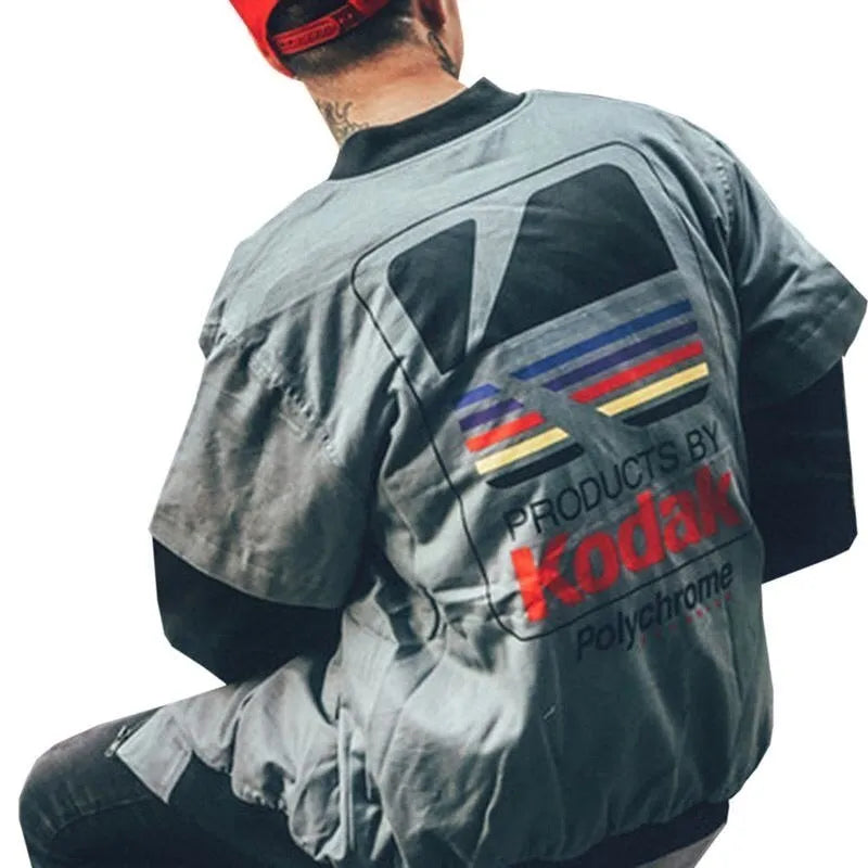 Hip hop style cotton print baseball jacket for men and women, grey colour, front view with side pockets