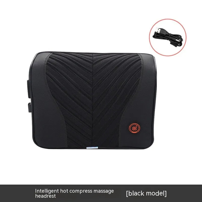 Black and orange electric heating massage car headrest and lumbar support cushion on a car seat.