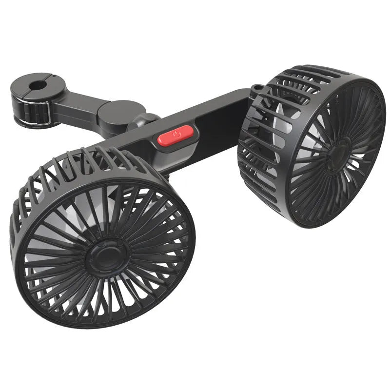 Black 12V 24V car rear electric fan with USB connection and adjustable airflow controls