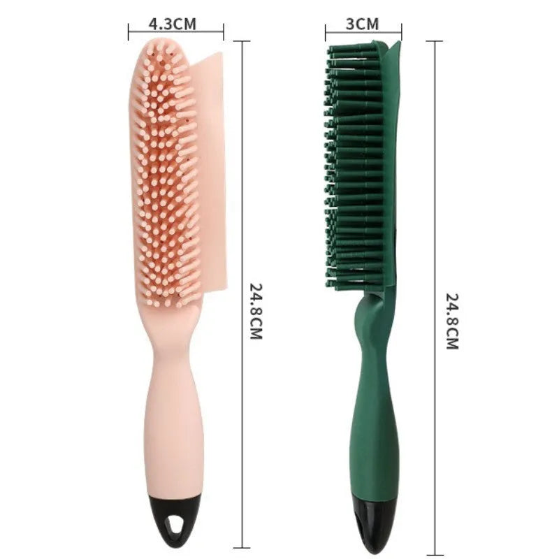 Green dog brush with hair collector reservoir, massage nodules, and a separate pink wool sticker for pet hair removal