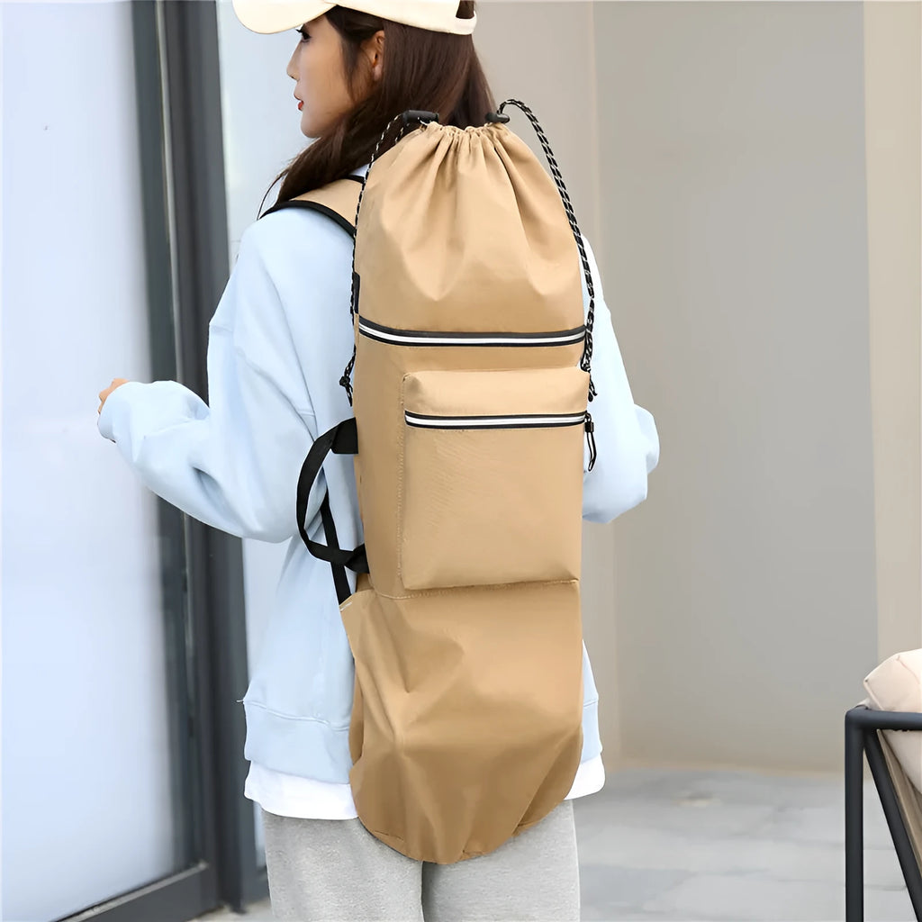 Lightweight waterproof nylon skate backpack in camouflage colour, shown with skateboard and fishing rod.