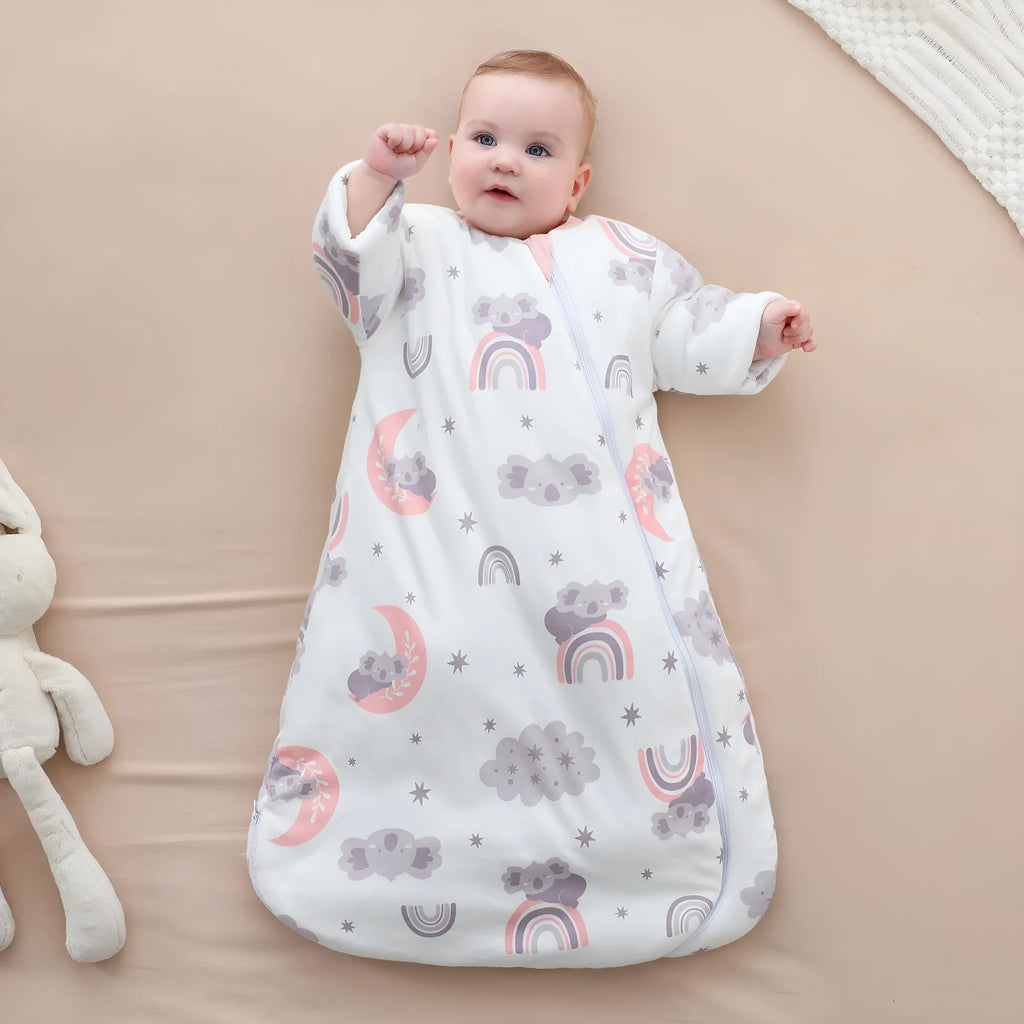 Baby pure cotton anti-kick quilt sleeping bag with cartoon pattern, 80cm length, thickened for autumn winter spring, size M and L