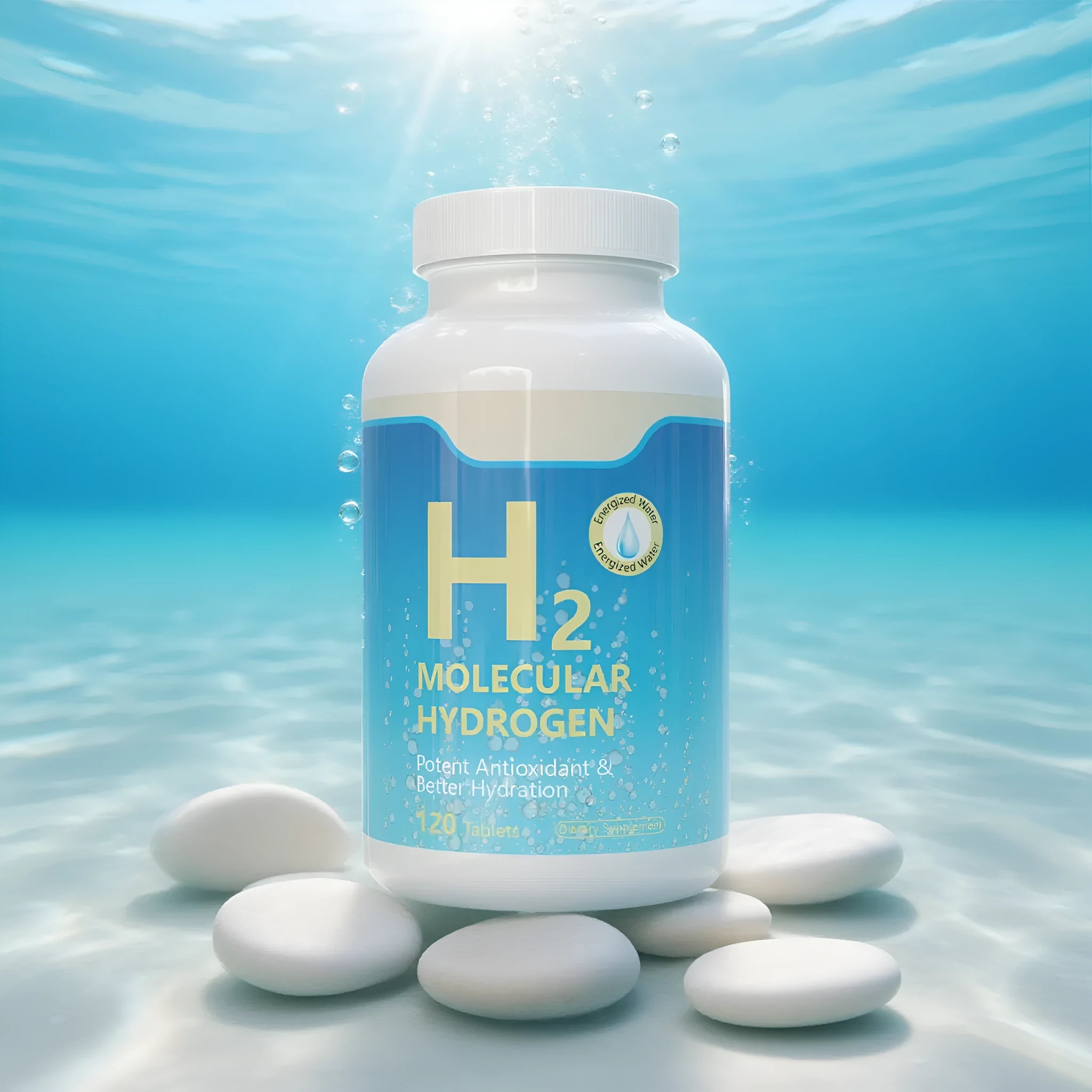 Fitness H2 Hydrogen Water Mineral Tablets 120 count bottle packaging shown with tablets