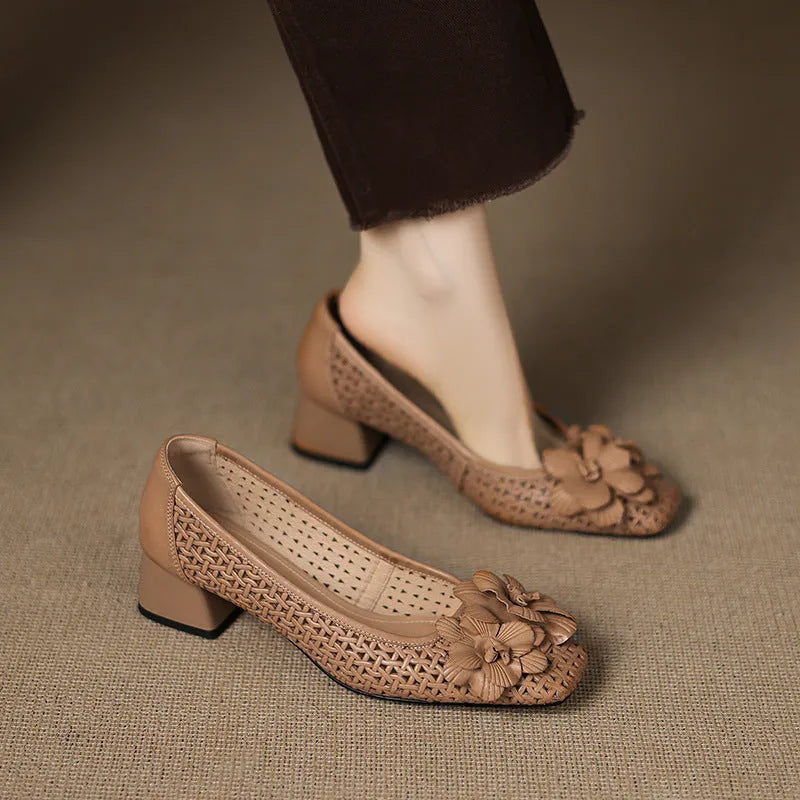 Women's light brown leather pump shoes with hollow weave design and mid heel