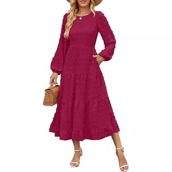 Autumn long sleeve dress with high waist and ruffle sleeves in solid colour options
