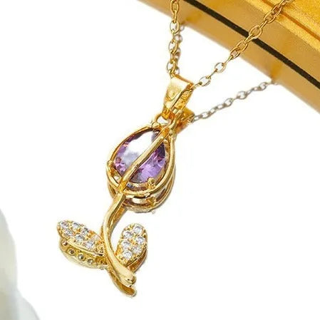 Women's zircon tulip necklace with adjustable chain in gold pink, yellow, purple, green, and white.