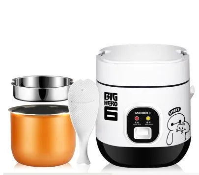 Compact round miniature rice cooker with steaming tray in blue, shown with non-stick liner and mechanical control panel.