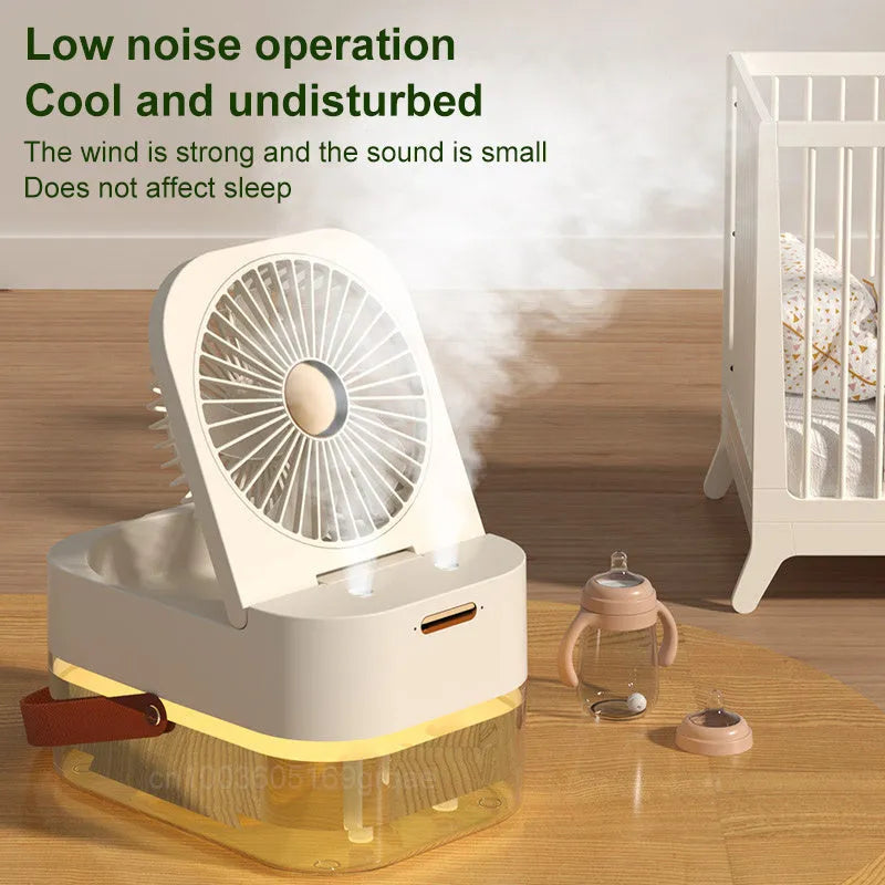 USB-powered desktop humidifier fan with large water tank and remote control on a wooden desk