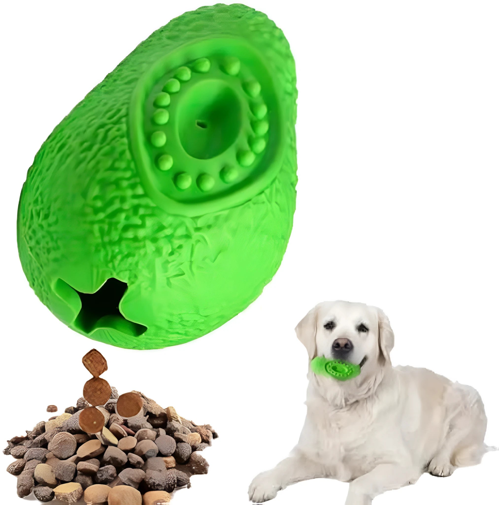 Green avocado-shaped heavy duty natural rubber dog chew toy with textured surface.
