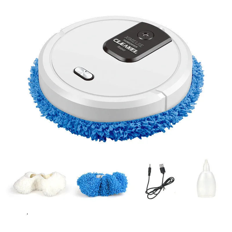 Automatic sweeping robot with wet and dry mopping cloths on a tile floor, showing slim 65mm body