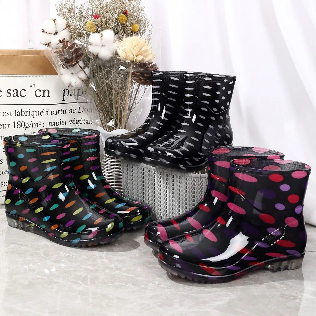 Women's short low-top PVC rain boots in assorted colours and patterns, waterproof non-slip sole