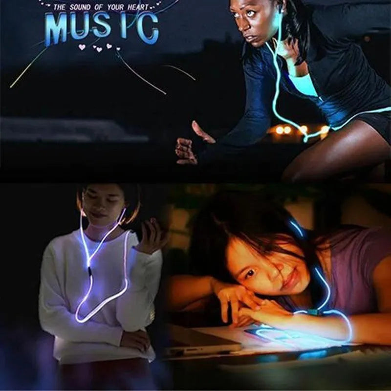 Blue Magic Light LED earphones with glowing EL light strips, showing 3.5mm plug and inline remote with microphone.