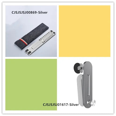 Aluminium alloy laptop stand in folded and extended positions, shown in silver colour.