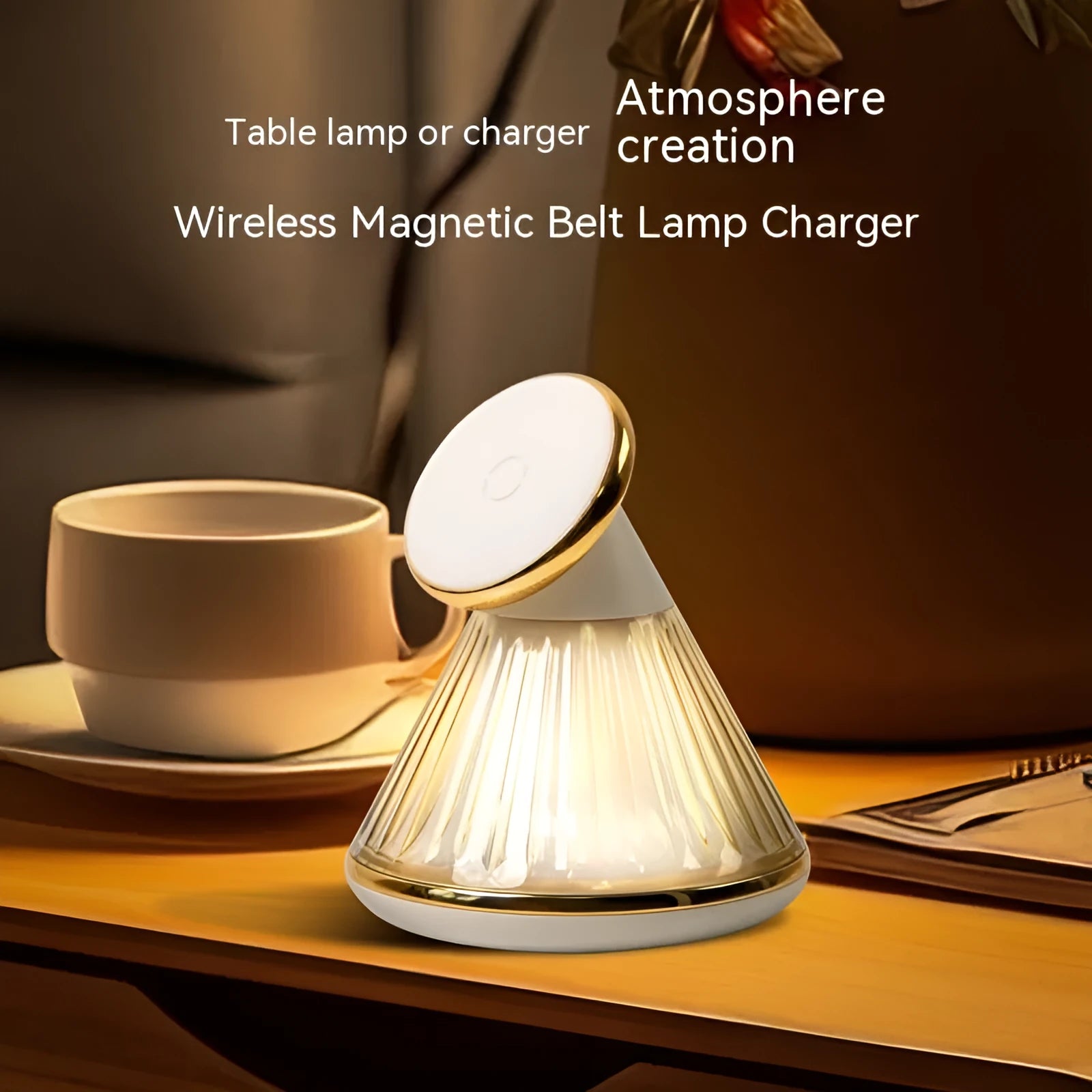 Night table lamp with magnetic wireless charging seat in champagne gold metallic finish