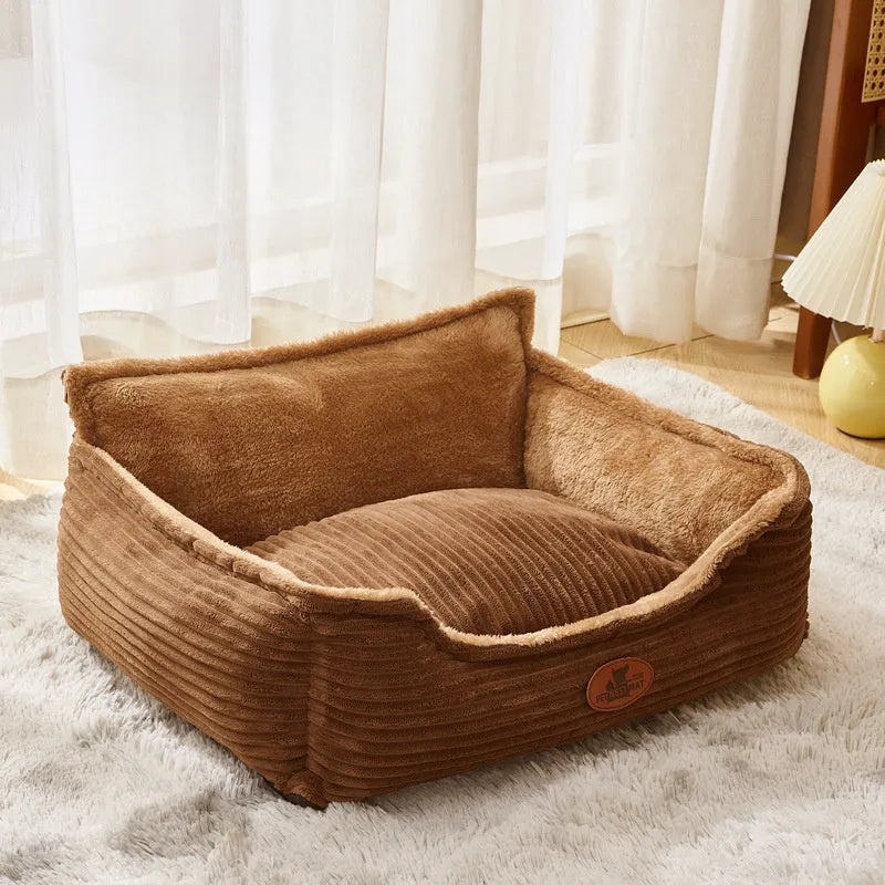 Removable cover pet bed in sofa style for small and medium dogs, shown in coffee colour