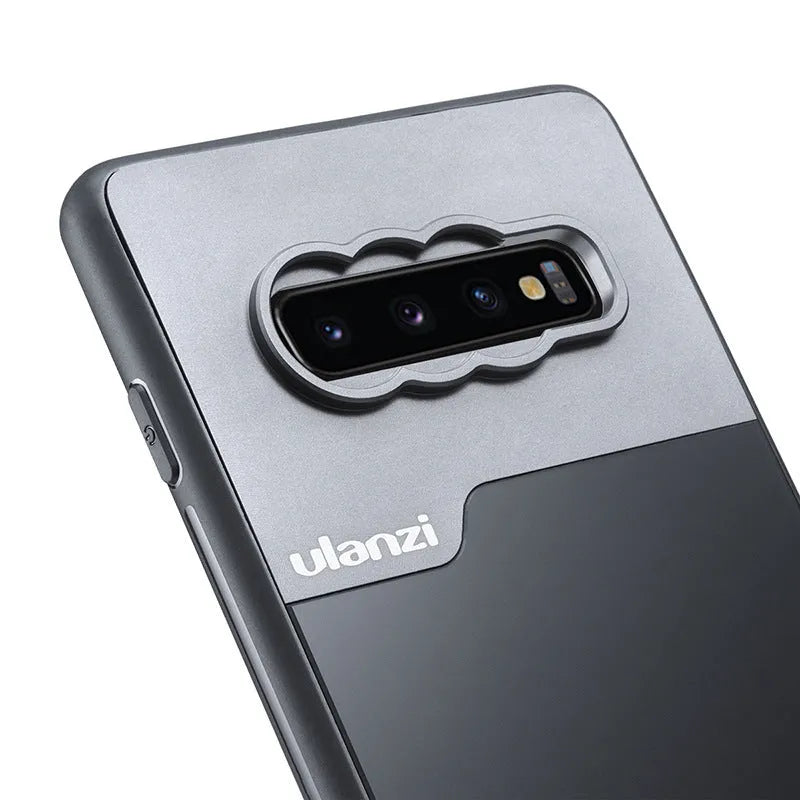 Black mobile phone case for Samsung S10 Plus with aluminium back and camera lens design standing on a surface