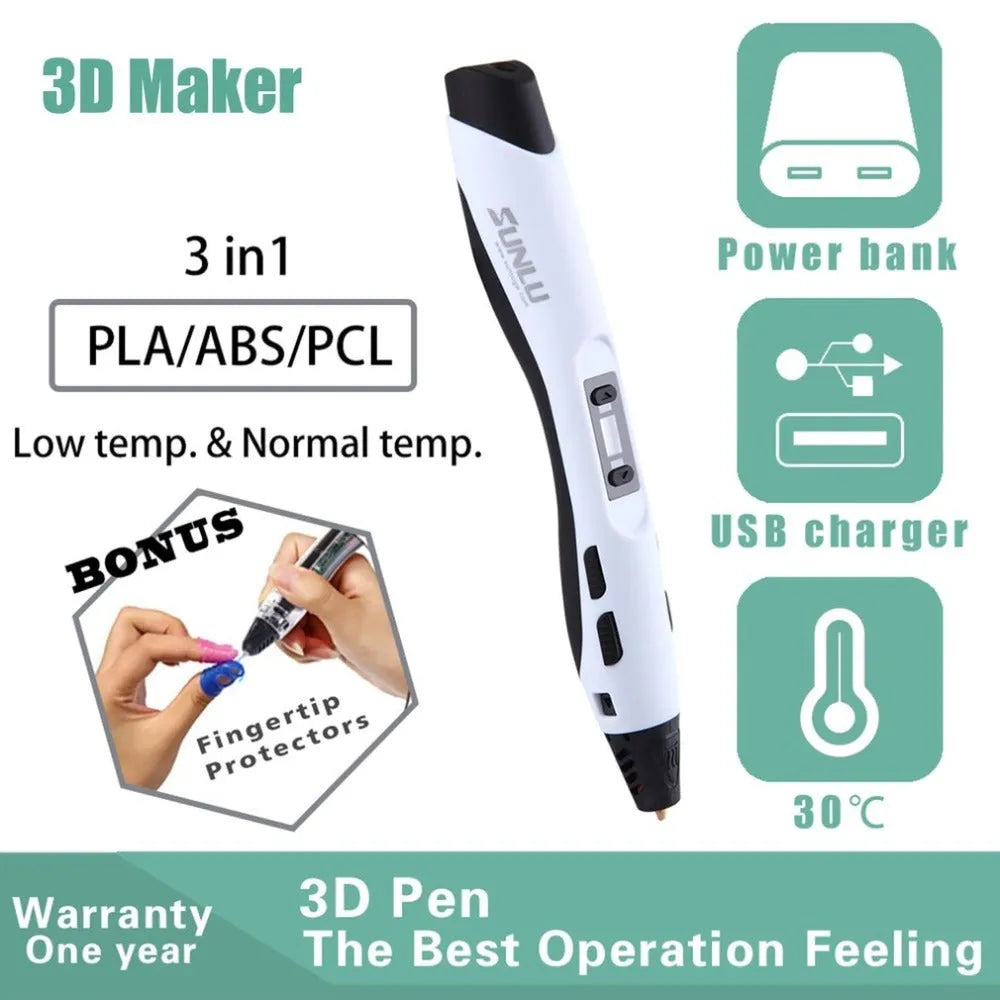 3D printing pen in black with plastic body, 180mm length, for handheld graffiti drawing