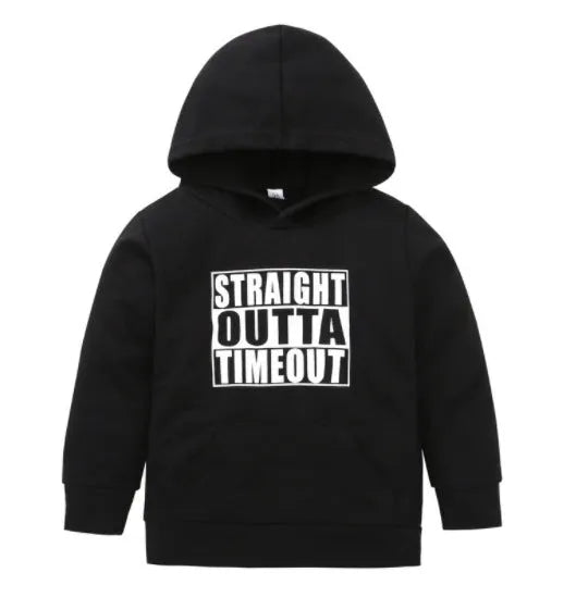 Children's black hooded sweater with white letter print design, showing pullover style and long sleeves