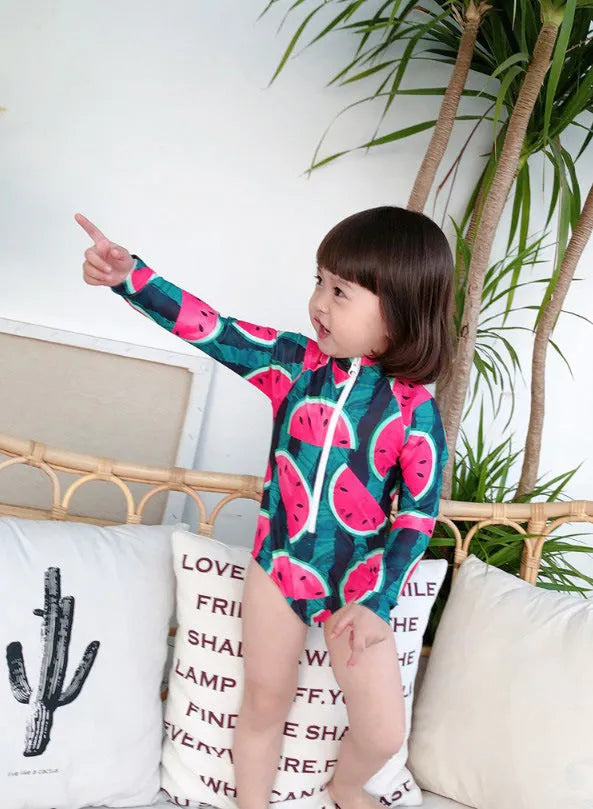 Cool watermelon children's swimwear set with long sleeves and fruit print for girls ages 3-8