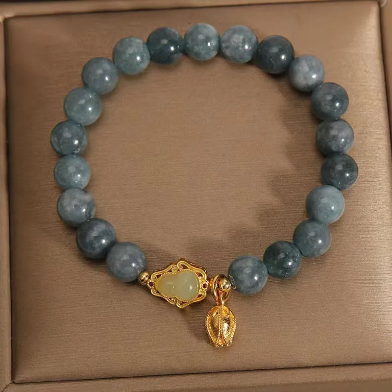 Women's natural stone bracelet with blue gourd lotus flower pendant and electroplated sky blue finish